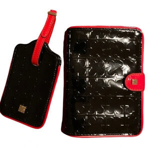 Luxury black  red trim clover embossed leather passport holder luggage tag set